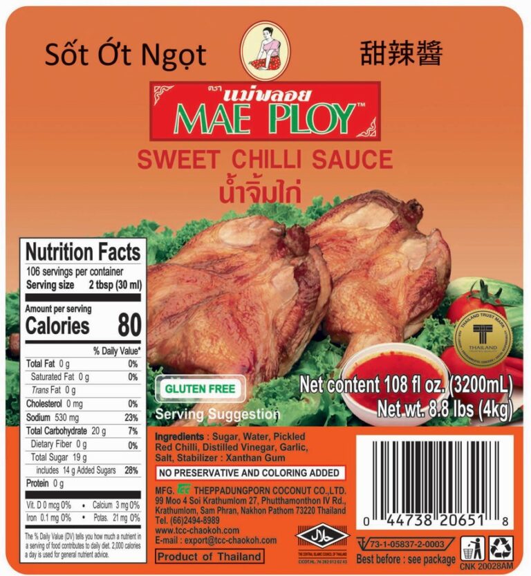 Product label for Sweet Chili Sauce, showing the ingredient statement and nutrition panel