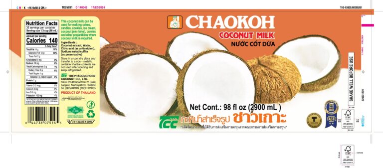Product label for Coconut Milk, Classic, 17-19% Fat, showing the ingredient statement and nutrition panel