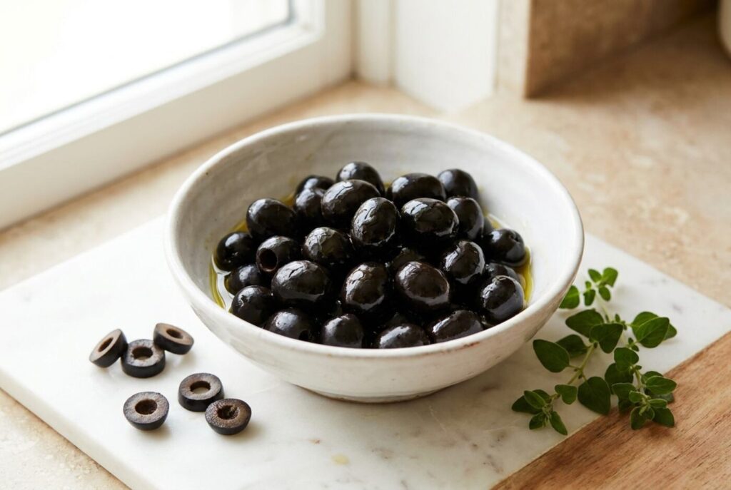 A white bowl of whole black ripe olives with sliced rings beside it