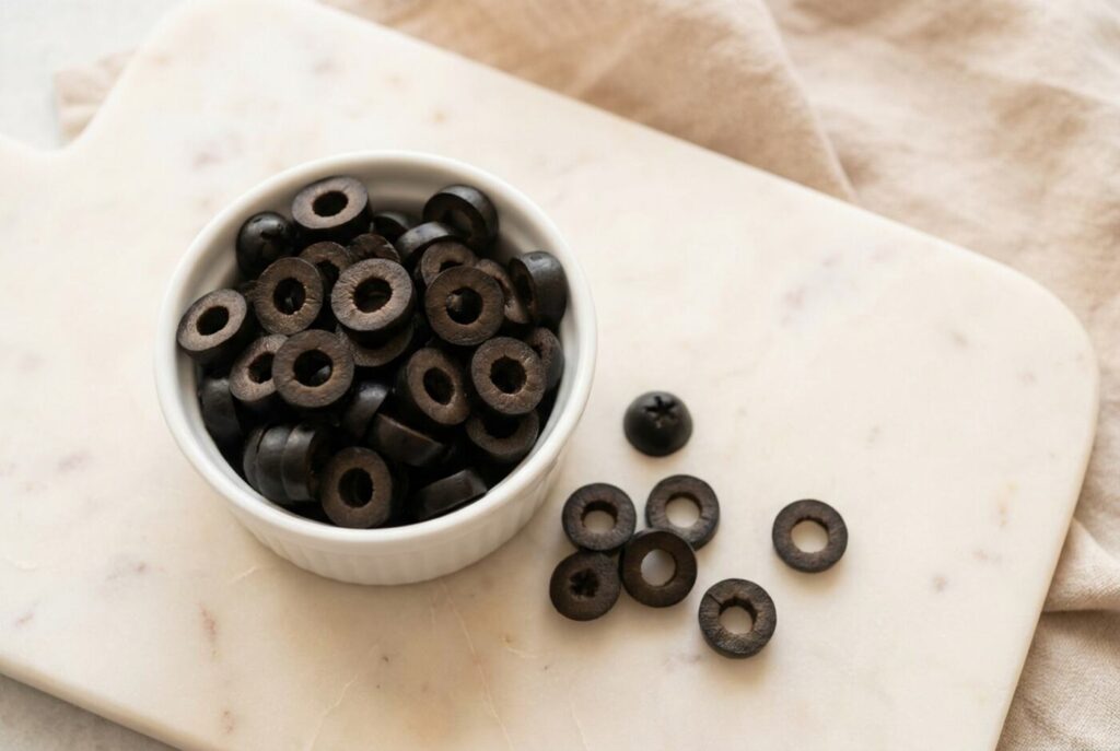 Uniformly sliced black ripe olive rings on a marble board