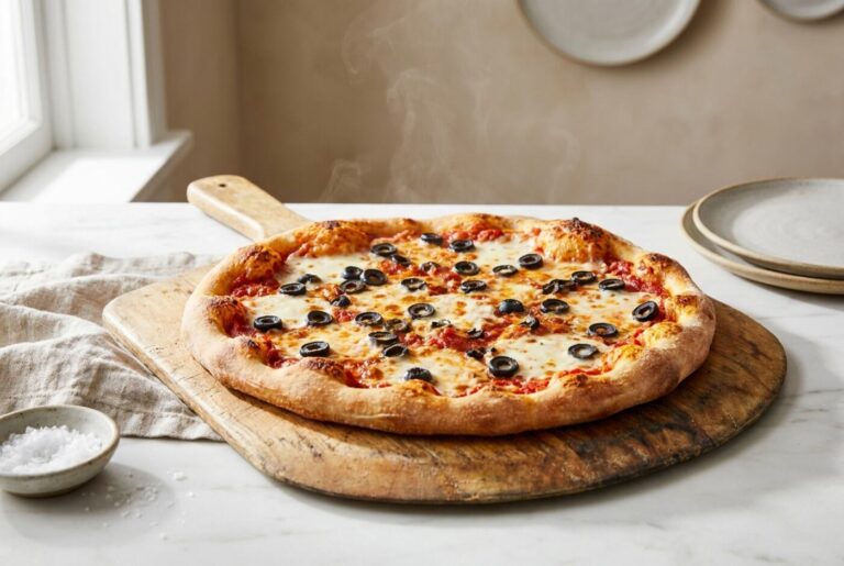 Pizza topped with black olive rings, fresh from the oven