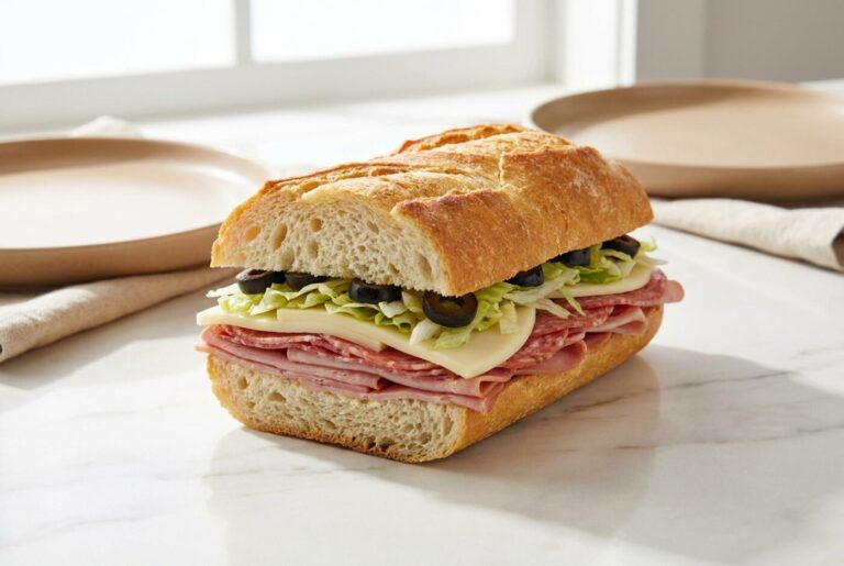An Italian sub layered with cured meats, provolone and sliced black olives