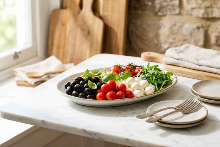 An antipasto platter of black olives, tomatoes, mozzarella and greens