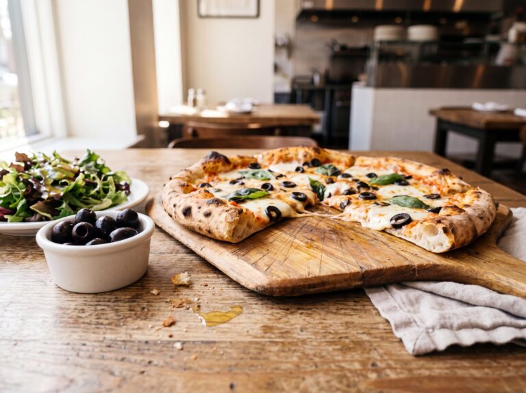 A wood-fired pizza topped with black ripe olive rings, mozzarella and basil, beside a bowl of whole black olives and a green salad.