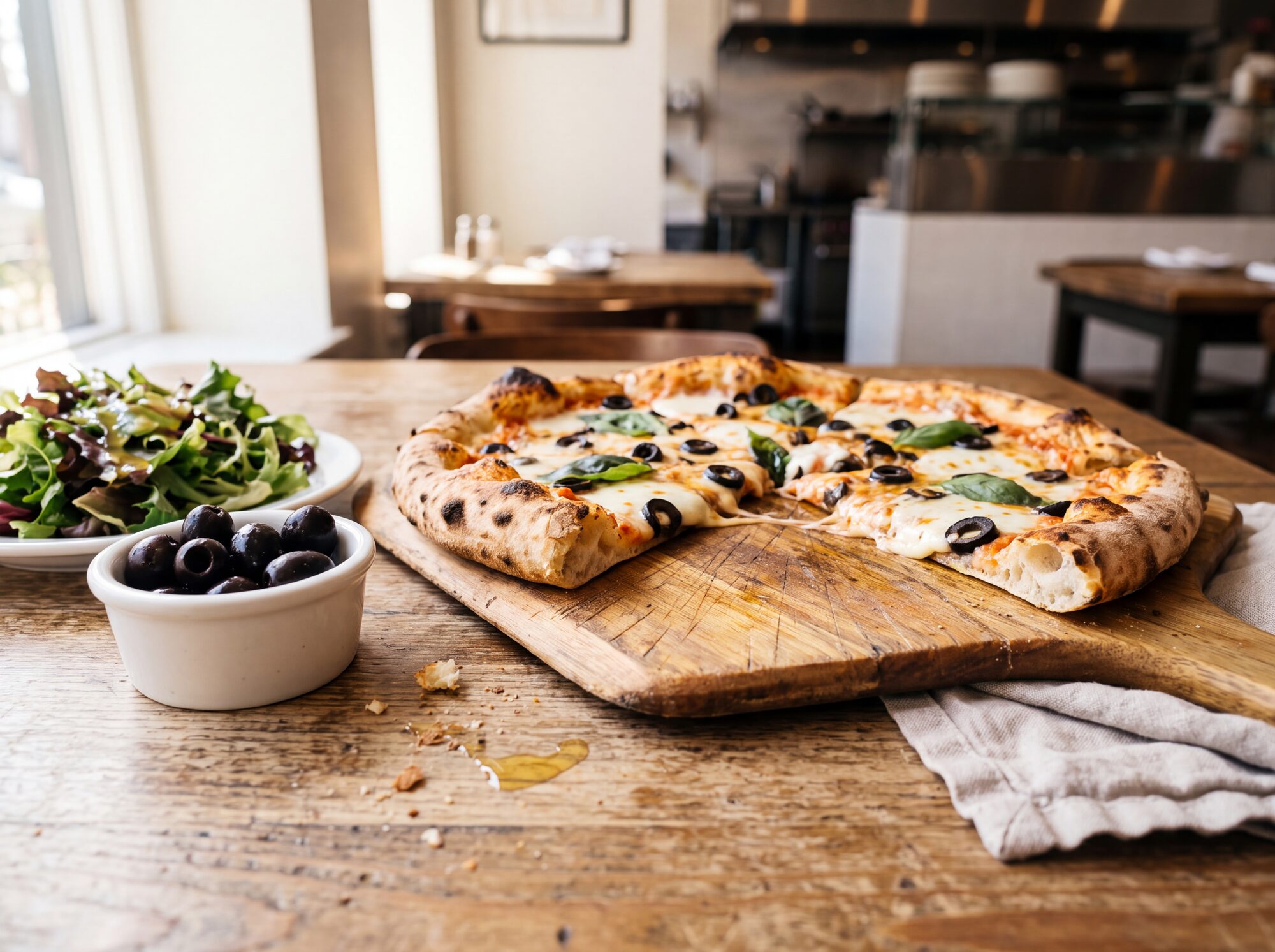 A wood-fired pizza topped with black ripe olive rings, mozzarella and basil, beside a bowl of whole black olives and a green salad.