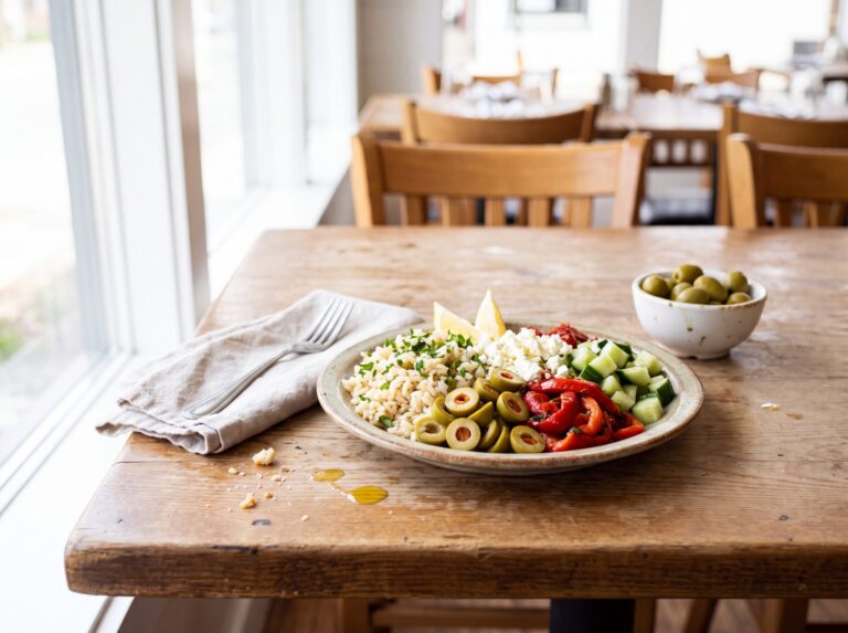 A Mediterranean grain bowl with sliced pimiento-stuffed green olives, roasted peppers, cucumber and feta, beside a bowl of whole green olives.