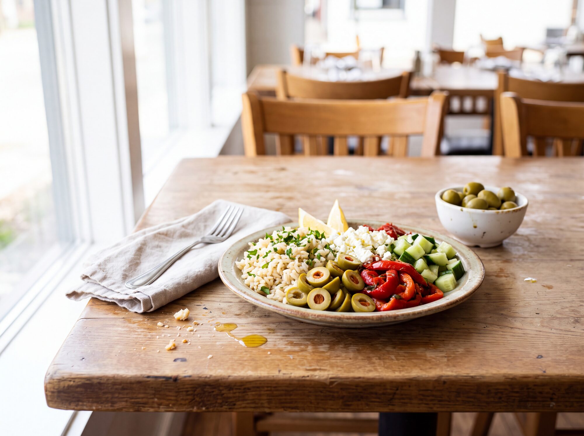 A Mediterranean grain bowl with sliced pimiento-stuffed green olives, roasted peppers, cucumber and feta, beside a bowl of whole green olives.