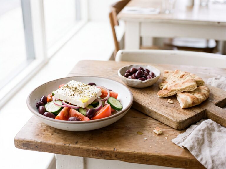 A Greek salad with Kalamata olives, a slab of feta, tomato, cucumber and red onion, with a dish of extra Kalamata olives and torn pita.