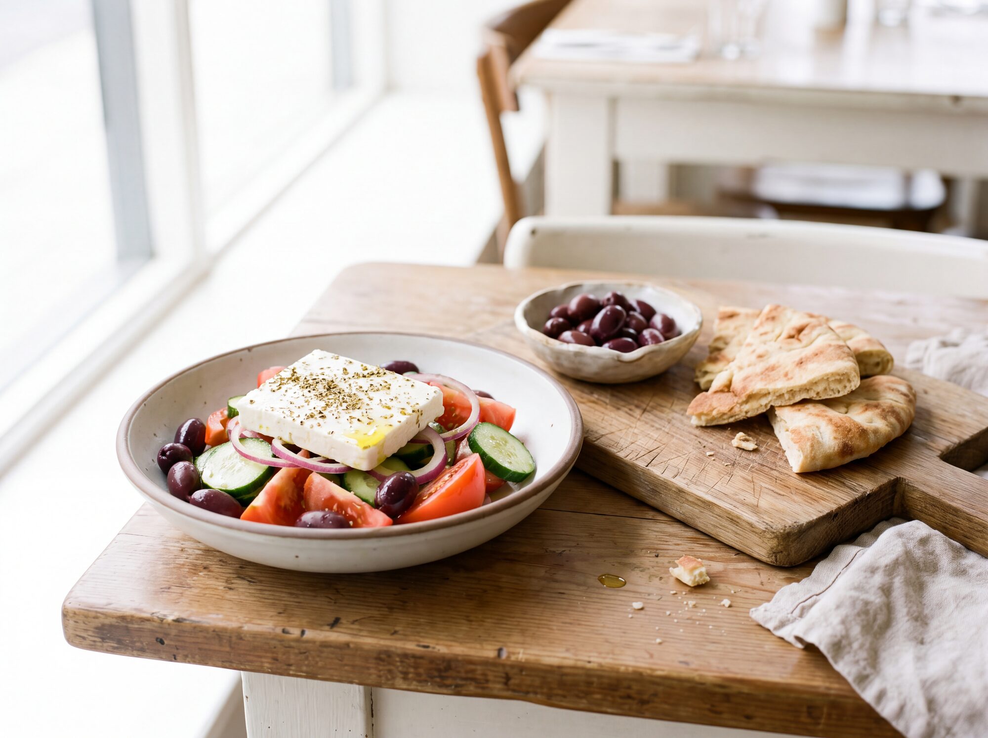 A Greek salad with Kalamata olives, a slab of feta, tomato, cucumber and red onion, with a dish of extra Kalamata olives and torn pita.