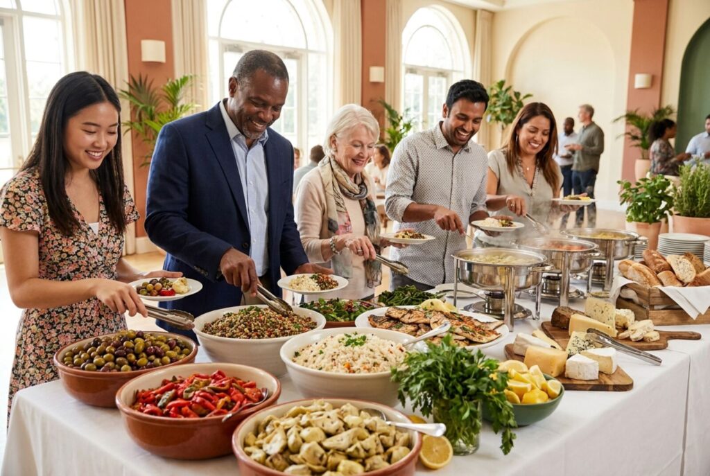 Guests serving themselves from a generously loaded buffet of olives, peppers, artichokes, grains and cheeses.