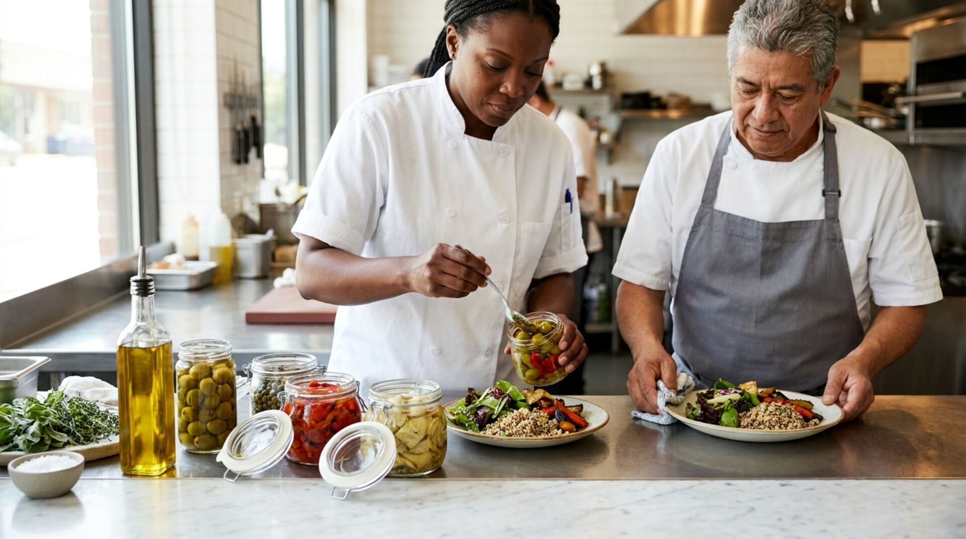 Two chefs finishing plates on a bright kitchen pass, spooning olives and roasted peppers from open glass jars.