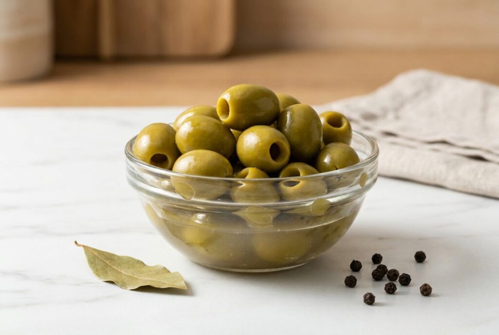 Pitted green olives in brine in a glass bowl