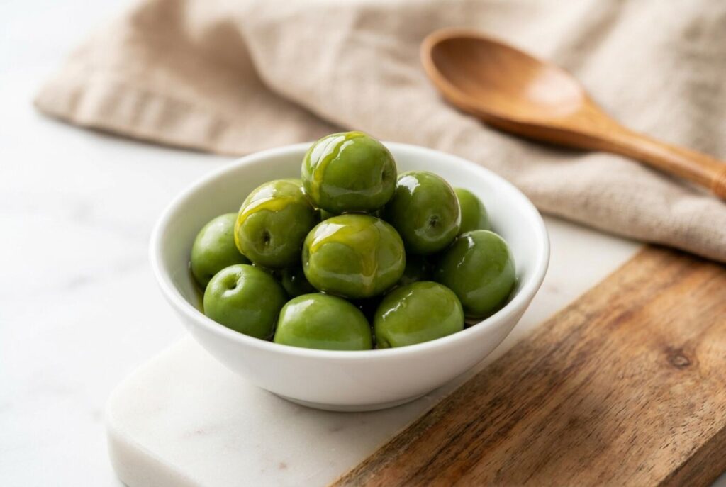 Bright green Castelvetrano olives in a small white bowl