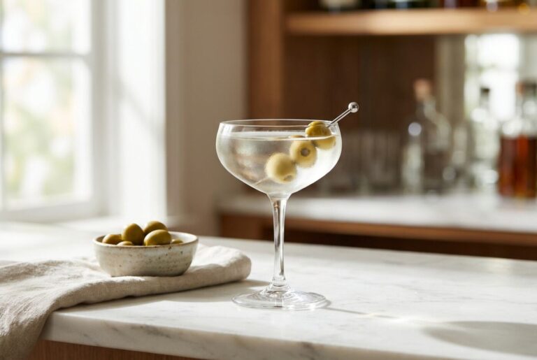 A dirty martini garnished with green olives