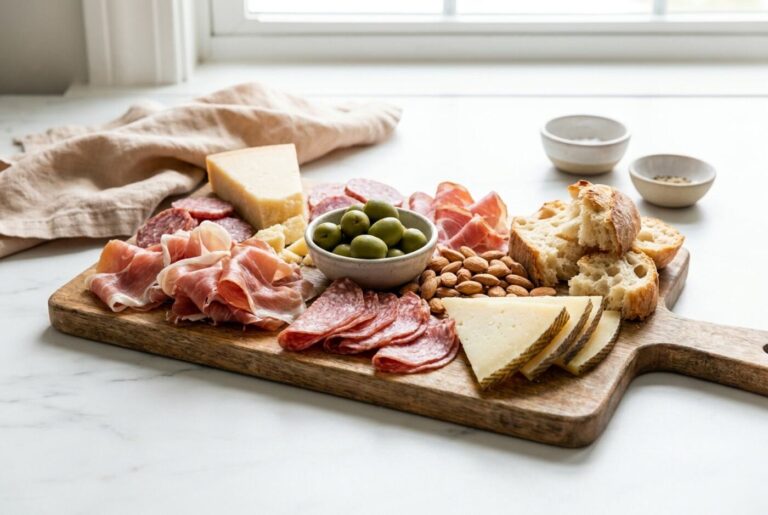 A charcuterie board with green olives, cured meats and cheese