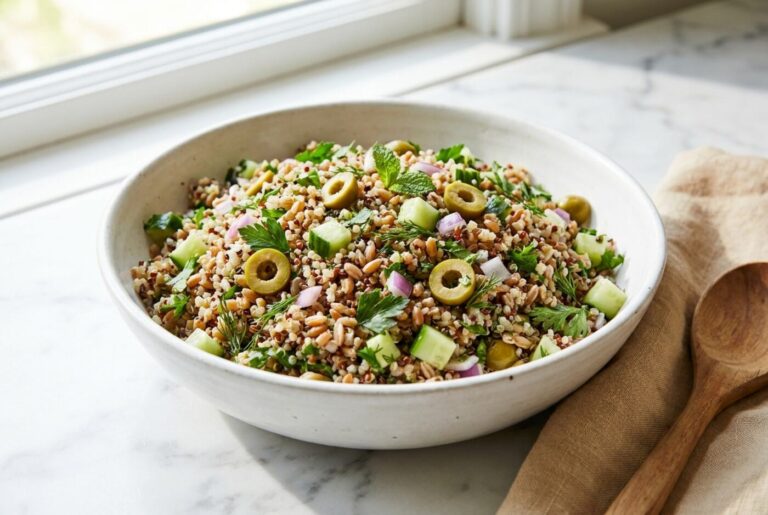 A Mediterranean grain salad with sliced green olives