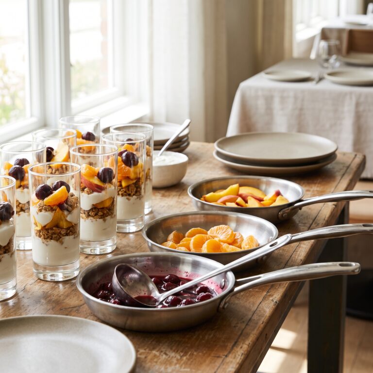 A brunch parfait station with yogurt, granola, peaches, mandarin segments and cherries
