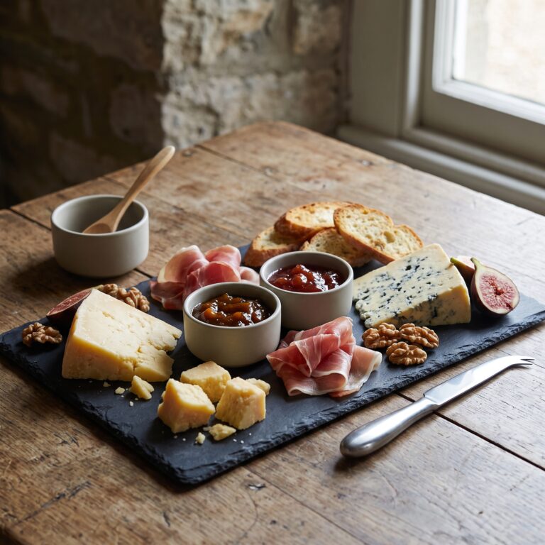 A cheese and charcuterie board with pots of mango chutney and fruit preserve