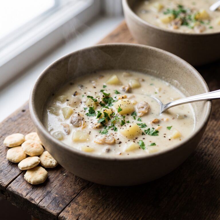 A bowl of New England clam chowder with baby clams, diced potato and parsley