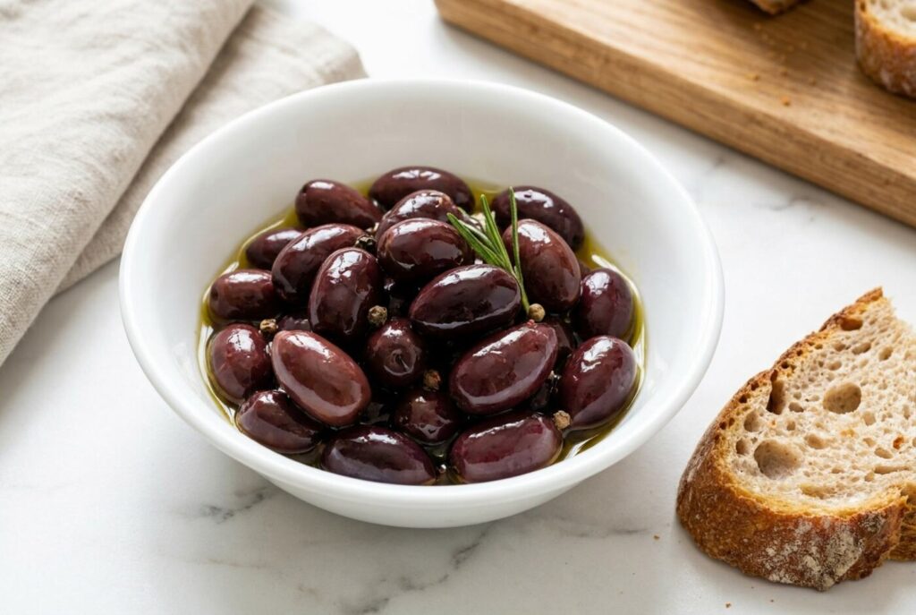Kalamata olives glistening with olive oil in a white bowl