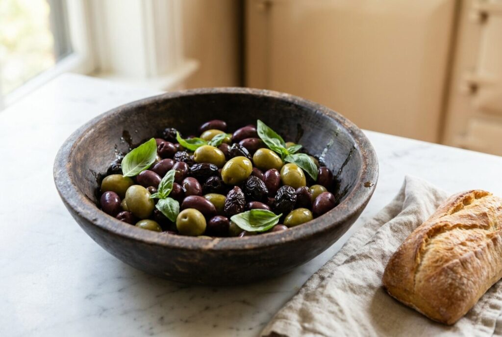 A wooden bowl of mixed Greek country olives
