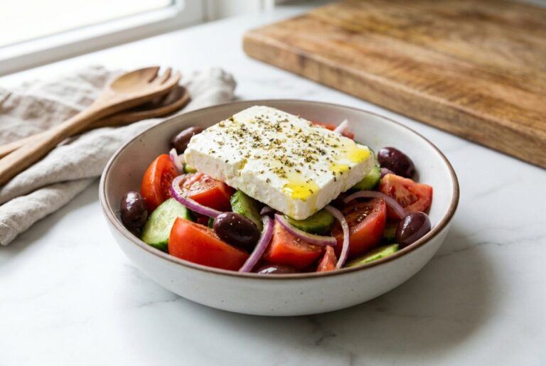 A Greek salad with feta, Kalamata olives, tomato and cucumber