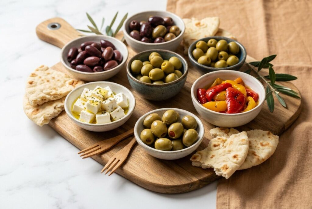 A grazing board of mixed Greek olives with feta and flatbread