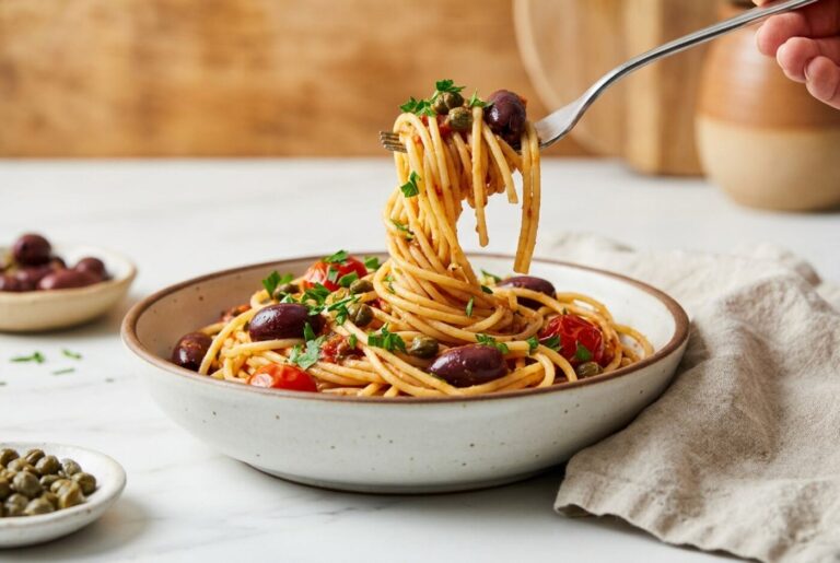 Pasta puttanesca with Kalamata olives and capers